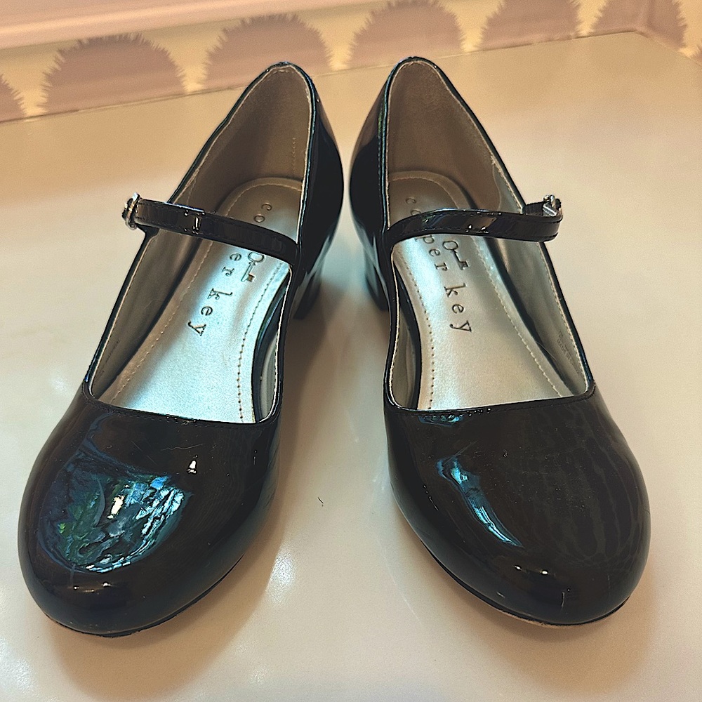 Copper Key Patent Leather Black Low Heel Girls Mary Jane Party Shoes, 2M